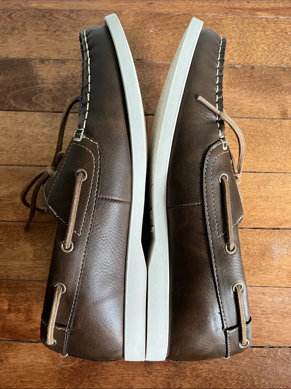 Chaps Benny Boat Shoes Men's 9 Brown Lace Up Deck Casual Loafers White Sole